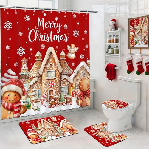 Christmas Shower Curtain Set with Gingerbread Design, Non-Slip Bath Rugs & Toilet Lid Cover - 4 Pieces