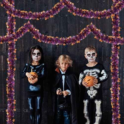 33FT Halloween Tinsel Garland, Black Orange Purple Metallic Twist Foil Tinsel Garland with Pumpkin Ornament Shiny Pumpkin Hanging Garland for Halloween Party Indoor Outdoor Decoration