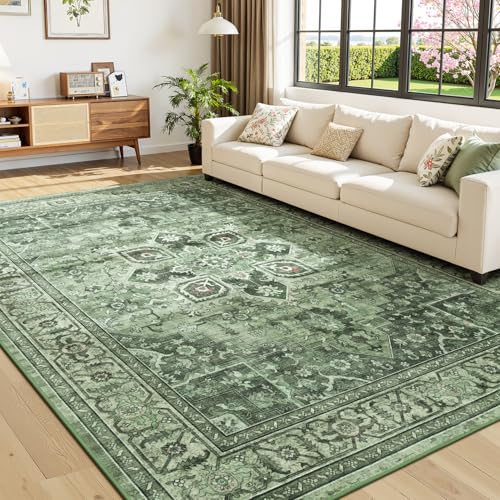Sage Green 8x10 Area Rug for Living Room - Vintage Boho Carpet, Non-Slip