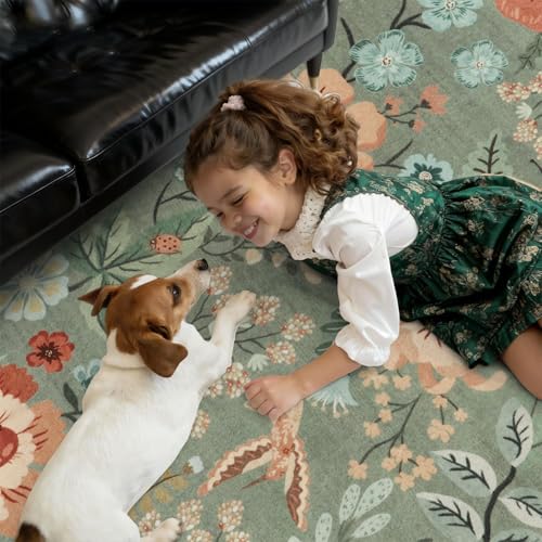 DCX 5x7 Sage Green Floral Washable Area Rug with Non-Slip Backing