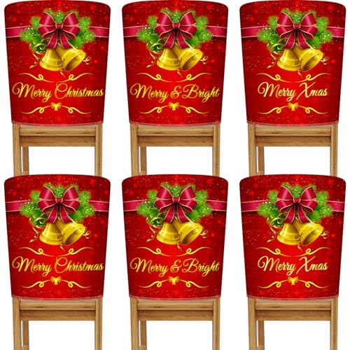 Buryeah Red Bell Christmas Chair Back Covers 6-Pack - Removable & Washable Holiday Slipcovers for Dining Chairs, 23.6 x 19.7 inches