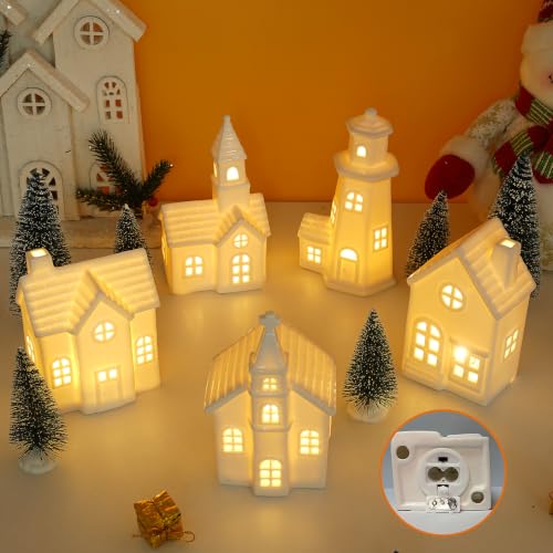 White Ceramic Christmas Village Houses Set with Timer & LED Lights