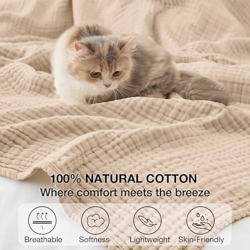 Queen 6-Layer Cotton Muslin Blanket - Beige, 90x90 Inches, Cozy & Breathable