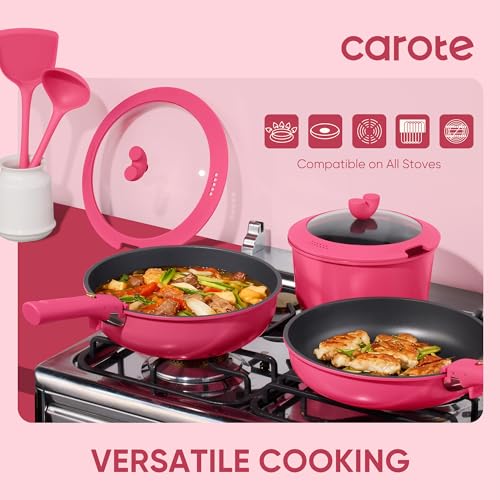 Nonstick 15-Piece Pots and Pans Set with Detachable Handle - Dark Pink