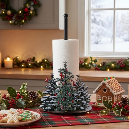 Willnglong Christmas Paper Towel Holder with Cardinal Birds Winter Pine Decor - Holiday Kitchen Organizer