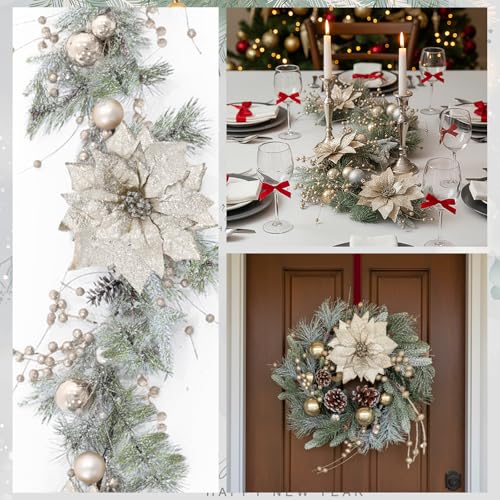 Champagne Christmas Decor Set - Snowy Wreaths, Garlands & Tree Ornaments