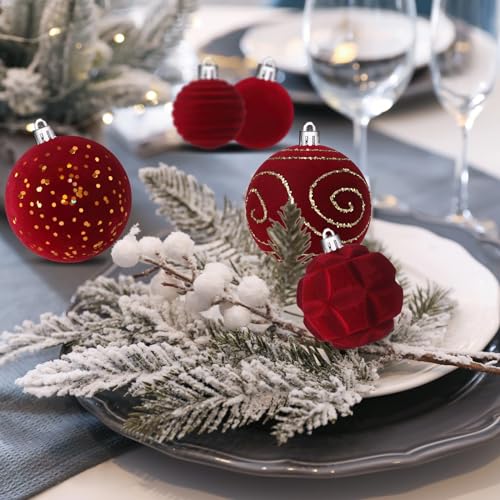 Suzile Red Velvet Christmas Tree Ornaments Set - 18 Pcs Flocked Holiday Decorations