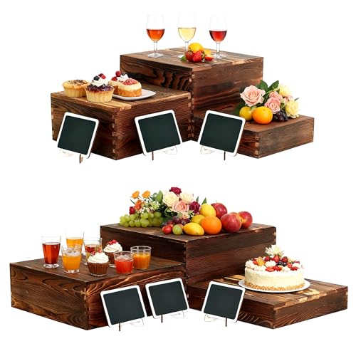 Brown 6 Pack Buffet Risers and Stands with Mini Signs - Rustic Food Display Set