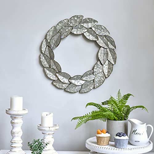 Silver Leaf Metal Wreath 16 Inch Galvanized Farmhouse Door Decor Christmas Fall