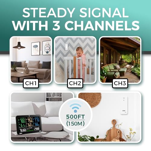 Wireless Weather Station with 3 Sensors, Large Color Display, Indoor Outdoor Temp & Humidity - Black Large