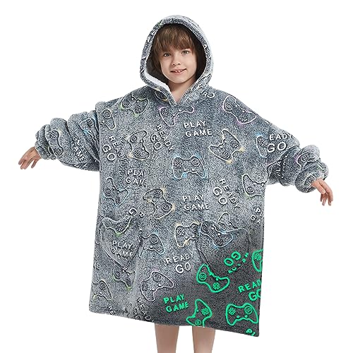 Kids Wearable Blanket Hoodie Oversized Sherpa Sleepwear with Glow in The Dark Game Controller Design - Mewkou 6-13YR Gamer Edition