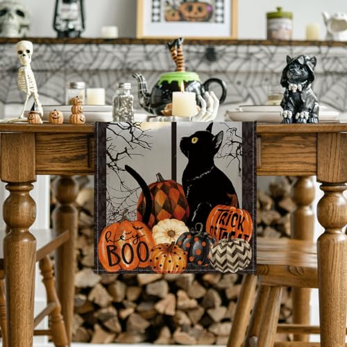 Artoid Mode Boo Black Cat Pumpkins Halloween Table Runner, Trick Or Treat Kitchen Dining Table Decoration for Home Party Decor 13 x 72 Inch
