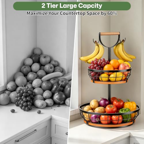 Rotating 2-Tier Fruit Basket with Wood Base and Banana Hooks - Space Saving Kitchen Organizer
