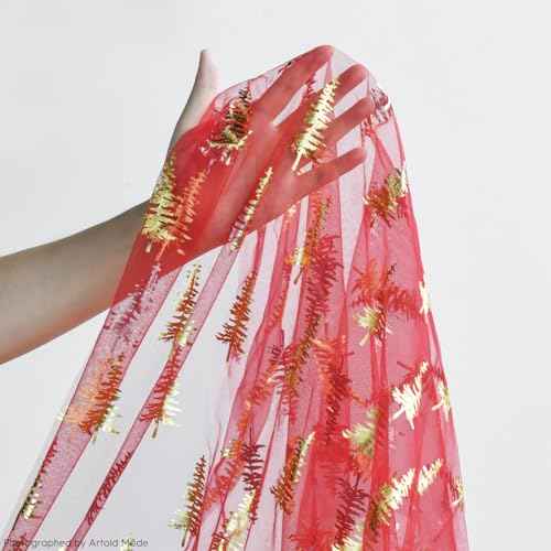 Artoid Mode Red Gold Christmas Tree Gauze Table Runner 120 Inch 10FT, Glitter Metallic Foil Seasonal Sheer Dining Holiday Table Decor for Home Party
