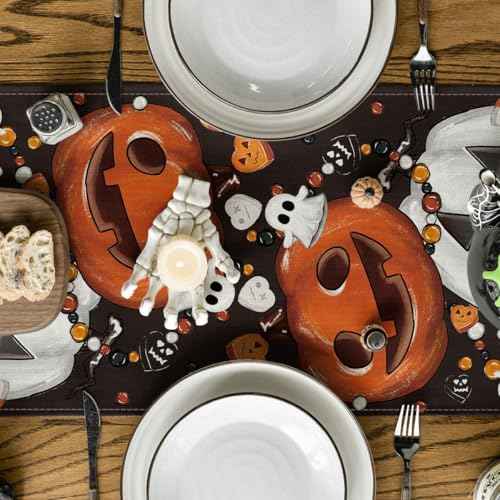 Artoid Mode Jack-O'-Lantern Pumpkins Spooky Black Halloween Table Runner, Candy Corn Kitchen Dining Table Decoration for Home Party Decor 13x108 Inch