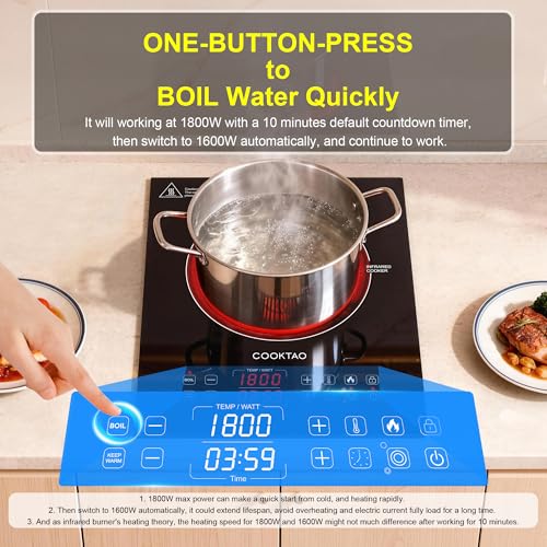 Cooktao 12 Inch Single Burner Electric Hot Plate 1800W Infrared Cooking Stove with Temperature & Wattage Control