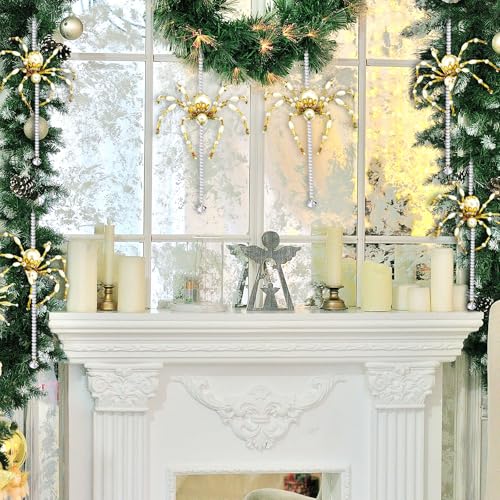 Lunmon 6 Pcs Christmas Crystal Spider Ornaments, Gold & White, 6.3 Inches