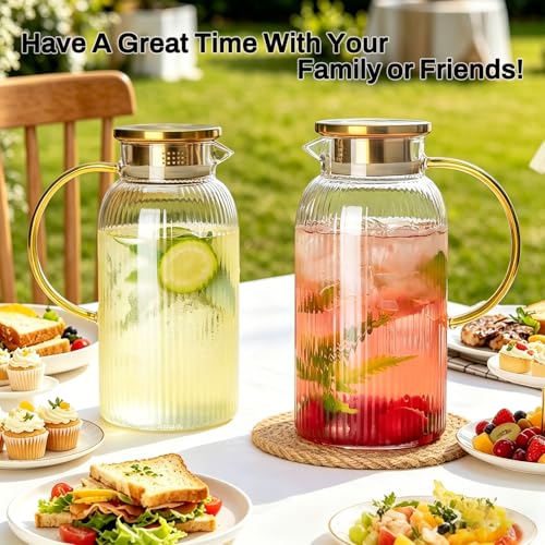 Buaic 2 Pack Glass Pitcher with Lid, 68 oz Clear Borosilicate Serving Carafe with Silicone Base