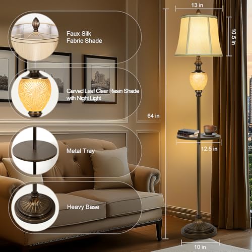 Dark Brown 64-Inch Vintage Floor Lamp with Tray & Nightlight, Faux Silk Shade