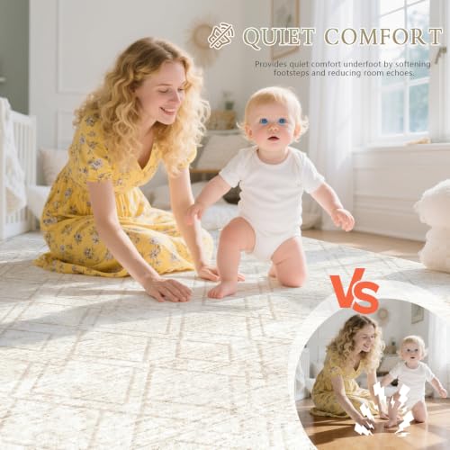 TENGTENGLINK Beige 8x10 Washable Geometric Area Rug - Non-Slip Indoor Carpet for Living Room & Bedroom