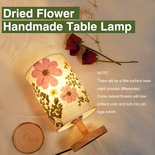 Pressed Flowers Small Table Lamp - 3-Color LED Bedside Lamp with Wooden Base