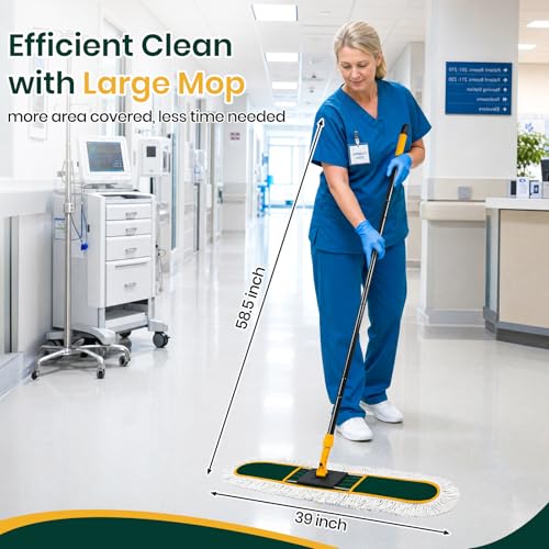 KalTell 36” Extra Large Commercial Floor Duster Mop with 2 Replacement Pads - Green, 60” Handle