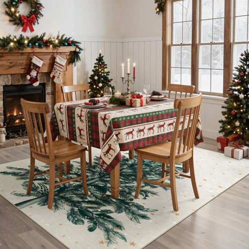Lahome Beige Christmas Rug 5x7, Tree and Snowflake Print
