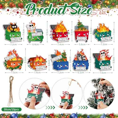 Syhood 10 Pcs Christmas Dumpster Fire Ornament Everything is Fine Christmas Tree Hanging Decoration Emotional Support Dumpster Fire Decor Employee Appreciation Gift for Xmas Team Coworker, 10 Styles