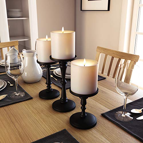 Set of 3 Matte Black Metal Candle Holders - Tall Pillar Candle Stands for Decor