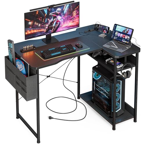 Acrolix 40-Inch L-Shaped Gaming Desk with Power Outlets - Reversible Shelves, Black Carbon