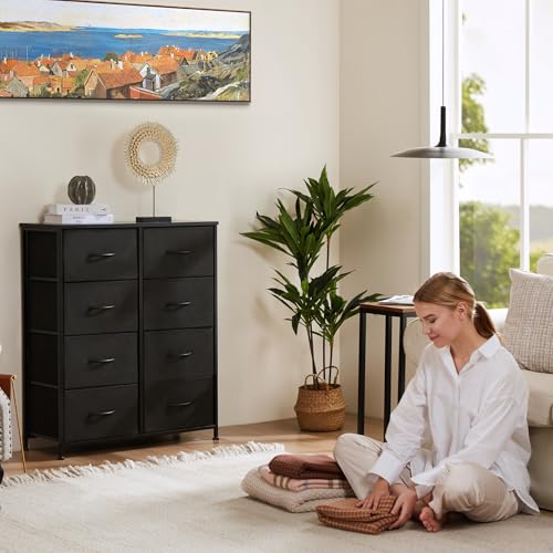 Black Dresser with 8 Fabric Drawers - Tall Bedroom Storage Organizer