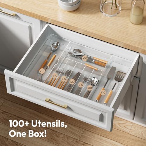 NIUBEE Acrylic Clear Utensil Silverware Tray for Drawer - Expandable & Adjustable