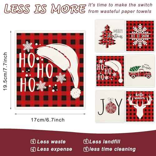 Whaline 6Pcs Christmas Swedish Dishcloths Red Buffalo Plaid Xmas Dish Towels Xmas Tree Snowflake Joy Reusable Absorbent Washable Cotton Kitchen Towels for Xmas Winter Cooking Wiping, 6.7 x 7.7 Inch