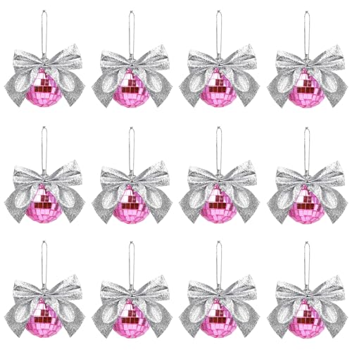 12 Pcs Mirror Disco Balls,Mini Disco Balls with Ribbon Bow for Disco Party,Vintage Hanging Ornaments for Retro Music Party New Year Wedding Decor(Pink)