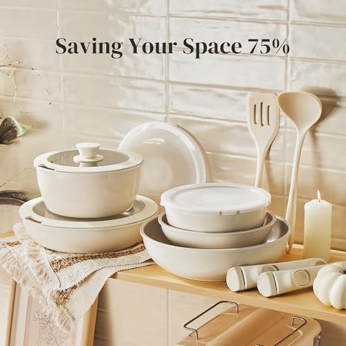 Redchef 16pcs Beige Ceramic Pots and Pans Set with Detachable Handles – Space-Saving Nonstick Cookware