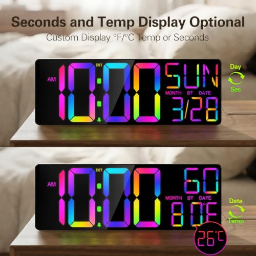 White 18-Inch Digital Wall Clock with Jumbo 5.4-Inch Numbers, RGB Lights & Temperature