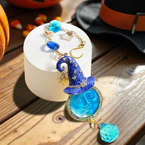 Crystal Hanging Ornament Witch Hat with Crytsal Prisms Sun God Smiley Face Decorative Sun God Halloween Decor for Window, Patio, Garden, Car
