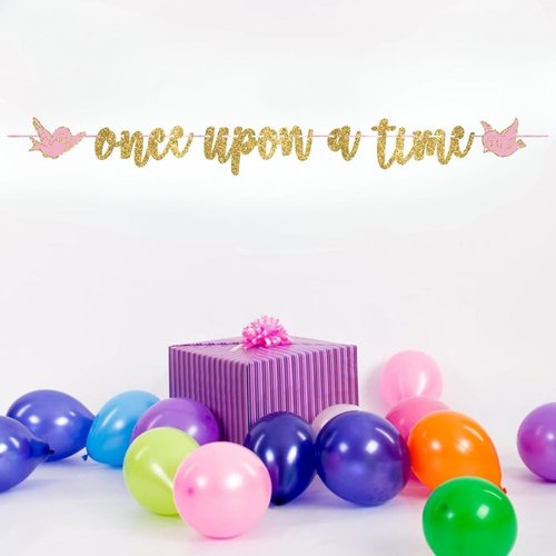 Gold Glitter "Once Upon A Time" Script Letter Banner - 12' x 8" (1 Set) | Elegant Hanging Decor for Birthdays, Baby Shower, and Princess Themed Parties