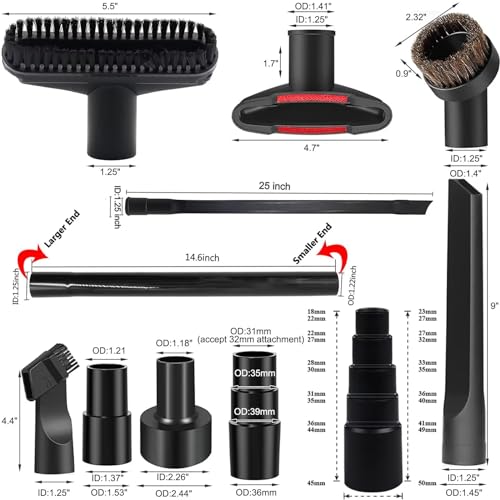 Universal Vacuum Attachments & Hose Adapters Kit - 15 Pieces, 2 1/2" to 1 1/4"