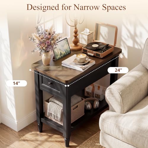 Foxemart Narrow Side Table with Charging Station, Black & Cracked Oak, 14-inch Wide