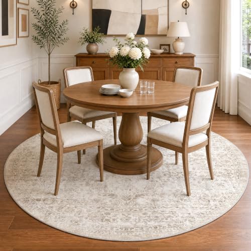 FMFUNCTEX 6ft Round Beige Vintage Area Rug - Washable, Non-Slip, Pet-Friendly