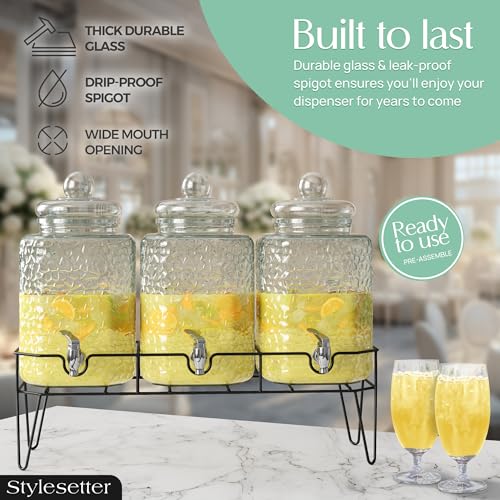 Glass Drink Dispenser Set - 3 x 1.5 Gallon Beverage Dispensers with Stand