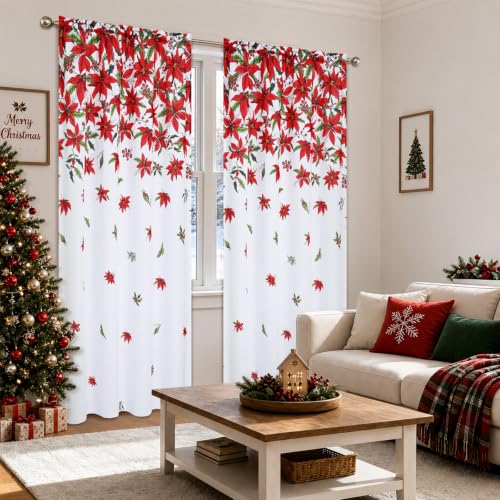 FRAMICS 84 in White Poinsettia Christmas Curtains, Light Filtering, 2 Panels