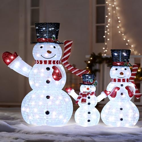 Joiedomi 3-Pack Christmas Snowman Yard Decor with LED Lights - White & Red Scarves
