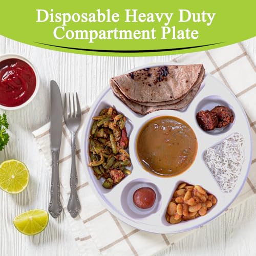 7 Compartment Bagasse Disposable Plates - Eco Friendly, 200 Count - Round