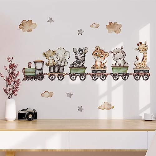 Yovkky Baby Safari Animals Train Wall Decals Stickers, African Jungle Elephant Zebra Giraffe Hippo Lion Leopard Cheetah Neutral Nursery Toddler Decor, Kids Room Home Decorations Bedroom Playroom Art