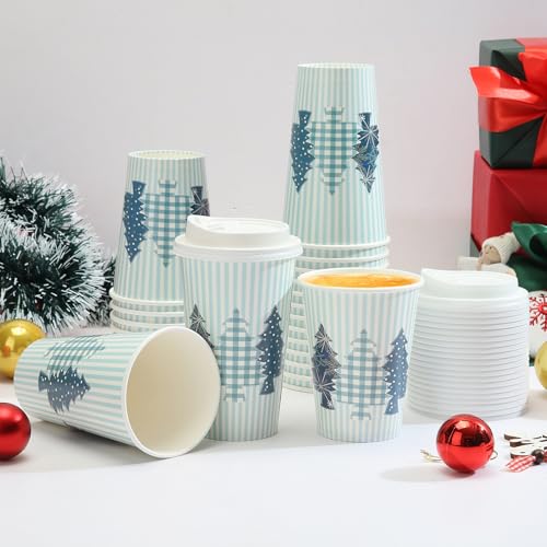 Tamone 100 Pack 16OZ Christmas Disposable Coffee Cups with Blue Tree Lids