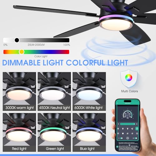 Kviflon 52-Inch Black RGB Ceiling Fan with Remote & APP, 6 Blades, 3CCT Light