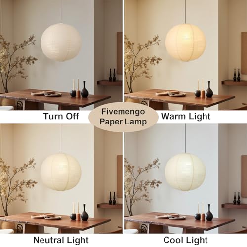 Fivemengo Off-White 23.6in Paper Pendant Light with Adjustable Cord & Canopy — Modern Ceiling Lamp