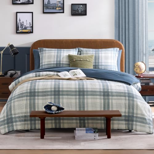 Blue Grey Full Size Plaid Comforter Set 7 Pieces Farmhouse Bed in a Bag